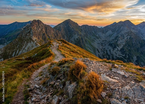 Wonderful mountains with a hiking trail on the ridge. Picturesque places in Tatra Mountains in Poland. View on mountain ridge (Volovec Wolowiec) in Western Tatras. 