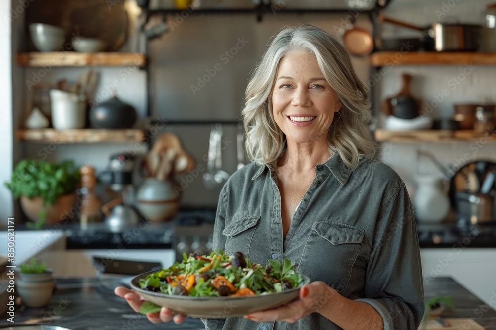 Senior lady smiling with joy holding nutritious vegetable salad in kitchen setting