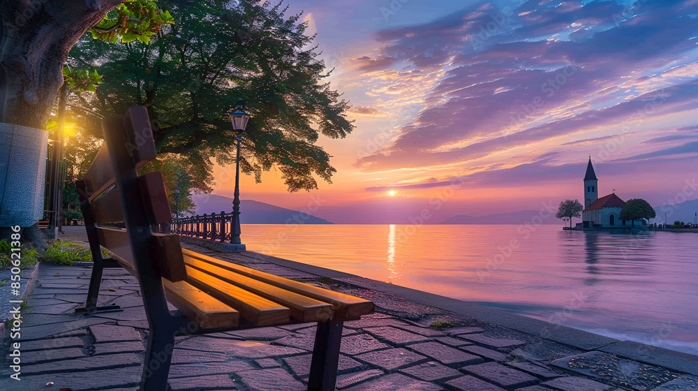 Fototapeta premium A calming bench near a tranquil church with a view of the sea
