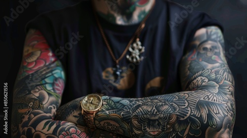 Detailed portrait of a person with full tattoo sleeves, emphasizing the artistry and personal stories inked on skin --ar 16:9 Job ID: 5ae4034c-9c32-4bf3-a047-69f11951cb5a © Parintron