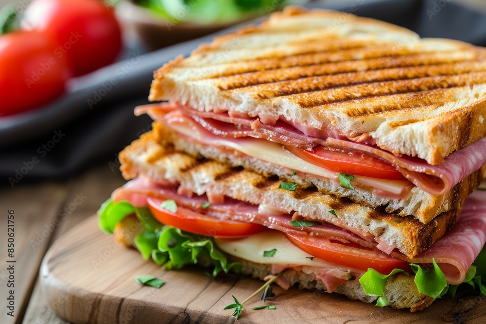 Grilled pressed toast with smoked ham, cheese, tomato, and lettuce on wooden board Grilled pressed toast with smoked ham, cheese, tomato, and lettuce on wooden board