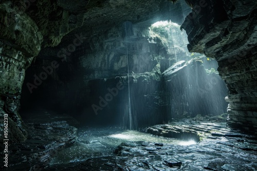 Mystical view of sun rays filtering through an underground cave with a natural waterfall