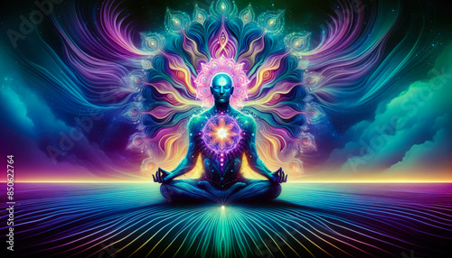 Mystical Figure Meditating with Glowing Third Eye and Swirling Energy