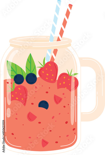 Smoothie clear mason jar, fresh fruits visible. Red blue straws, strawberry smoothie vector graphic. Healthy beverage, fruit chunks, leaves detail