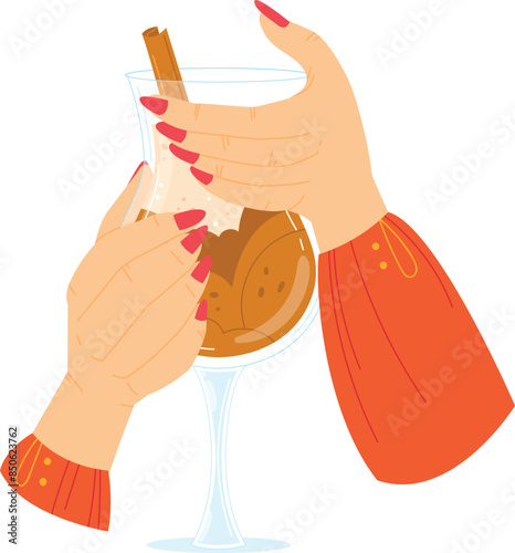 Woman holding aromatic drink cinnamon cookie. Female hands festive beverage glassware treat. Holiday celebration eggnog illustration
