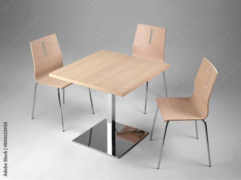 Square wooden coffee table with chairs, on a neutral background Square wooden coffee table with chairs, on a neutral background