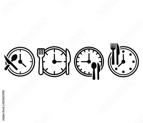 meal time clock fork knife icons symbol vector design simple line illustration collection set isolated
