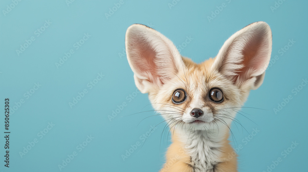 Obraz premium Fennec fox with big eyes isolated on blue background, funny animal expression, cute and surprised face, Animal photography