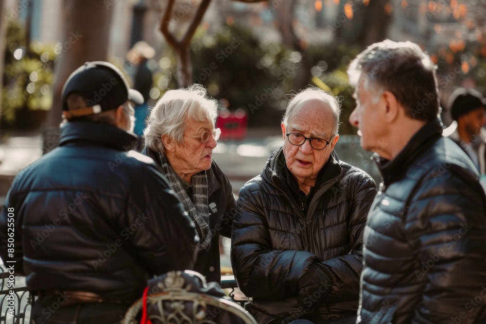 Group of elderly people sitting on the bench in the street and talking Group of elderly people sitting on the bench in the street and talking