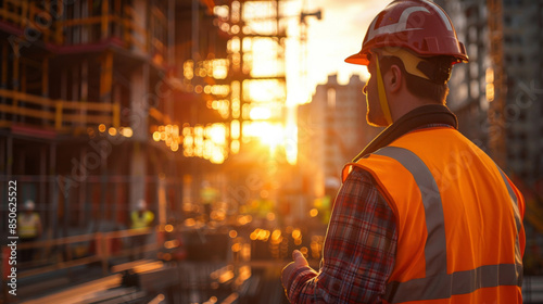 A construction worker in a hard hat and safety vest, overseeing a construction site during sunset, symbolizing hard work and progress.