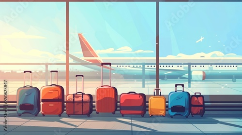 luggage suitcases at the airport wide banner with copy space area for vacations and holiday travel concepts