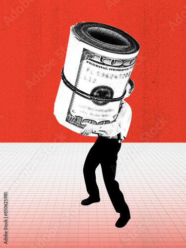Fotografija Surreal collage of a man struggling to carry a giant roll of dollar bills