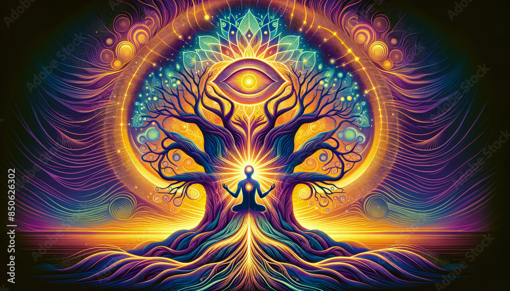 Fototapeta premium Mystical Figure in Meditation with Glowing Third Eye and Tree of Life