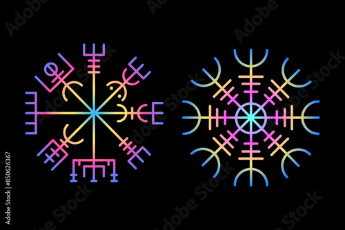 Ancient runic symbol. Viking Compass or Compass Vegvisir and  Helm of Awe or Helm of Terror. T-shirt design.