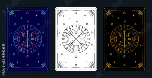 Tarot card with a Scandinavian runic symbol. Viking Compass. Compass Vegvisir.