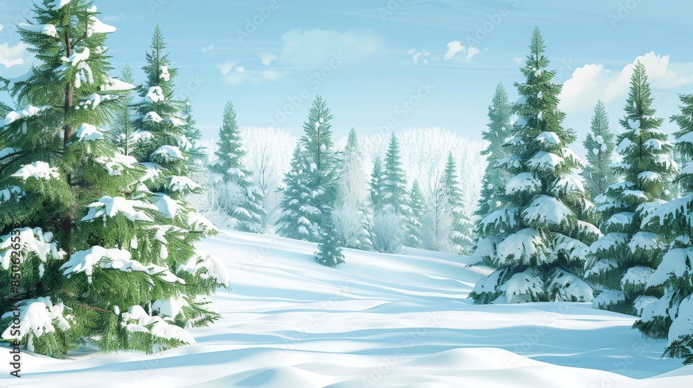 Fototapeta premium Fresh snow blankets the ground and trees, creating a pristine winter scene. The clear sky adds a touch of magic to the landscape.