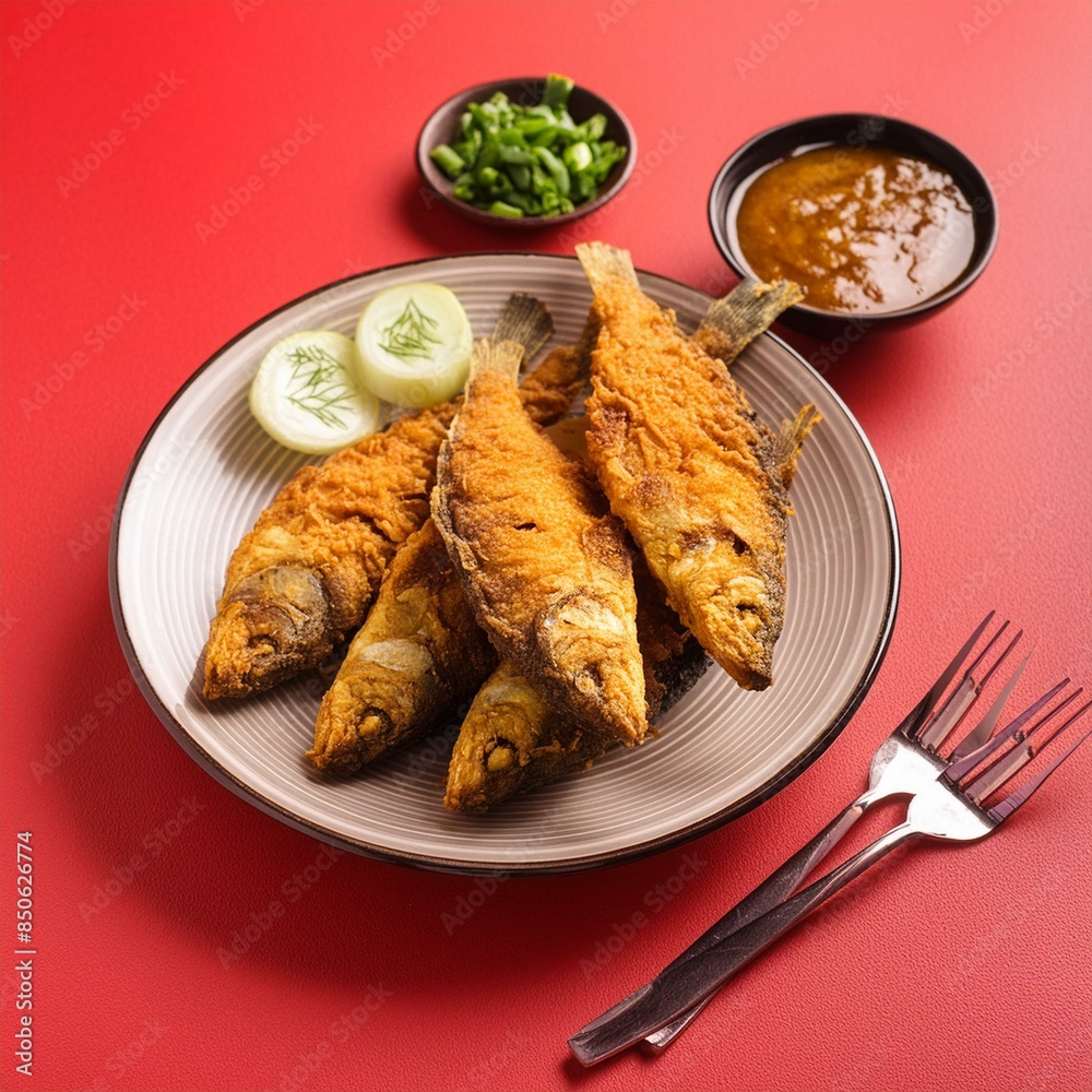 Delicious fish fry in plate on red background Delicious fish fry in plate on red background