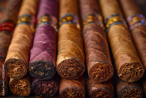 An assortment of premium cigars presented in a detailed, richly-textured image photo