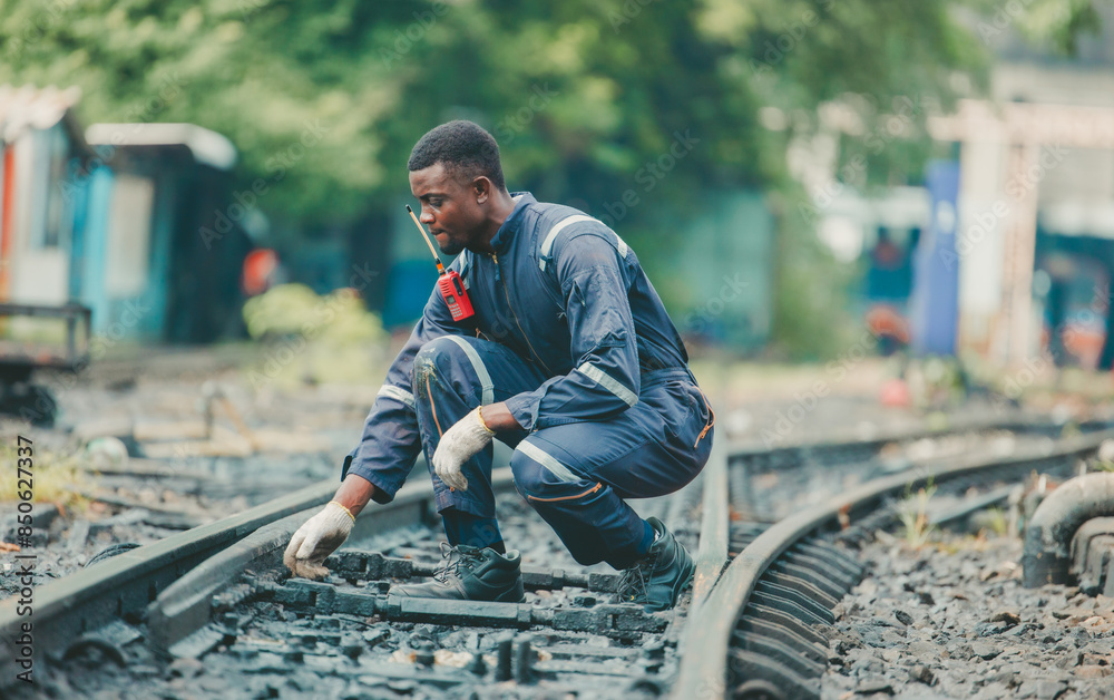Engineer in safety gear inspects railway track for wear and alignment, ensuring safety standards. Engineer in safety gear inspects railway track for wear and alignment, ensuring safety standards.