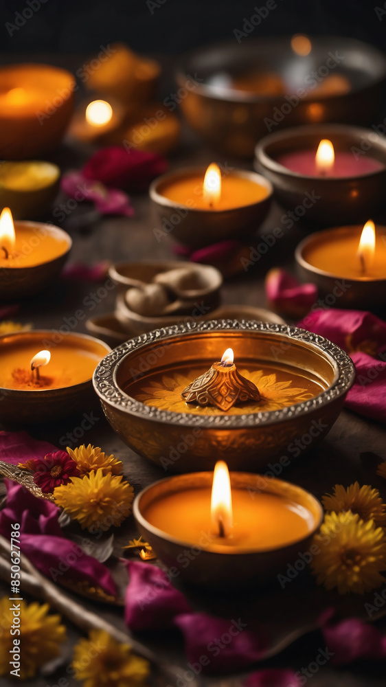 Obraz premium Beautifully Lit Diyas with Flowers and Petals Celebrating Diwali in a Traditional Indian Setting
