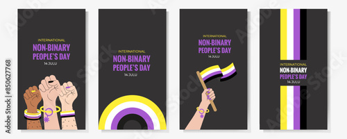 Set of Non-Binary People's Day banner, card, poster template with pride flag. Vector illustration