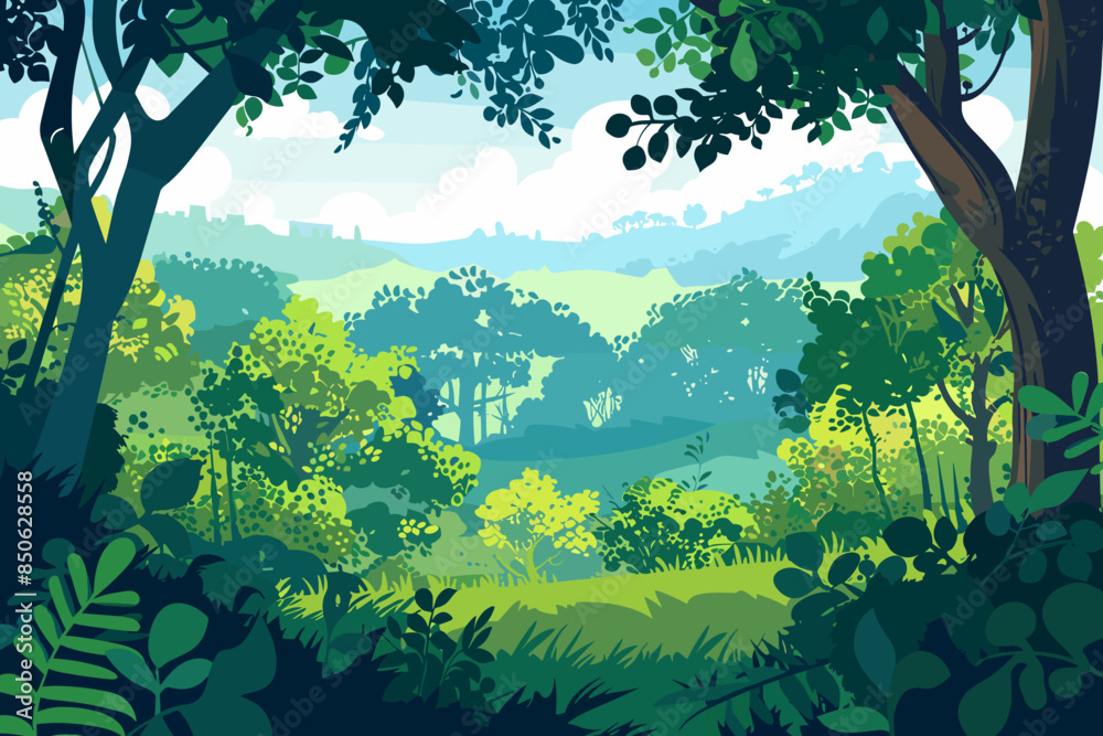Deep green forest landscape with lush pants, grass and trees