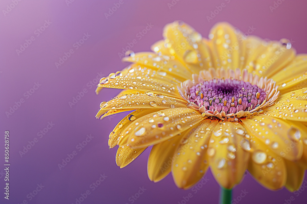Beautiful yellow daisy flower with water drops on blur pink background. Beautiful yellow daisy flower with water drops on blur pink background.