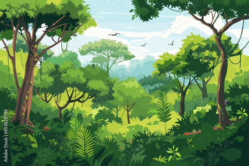 Deep green forest landscape with lush pants, grass and trees