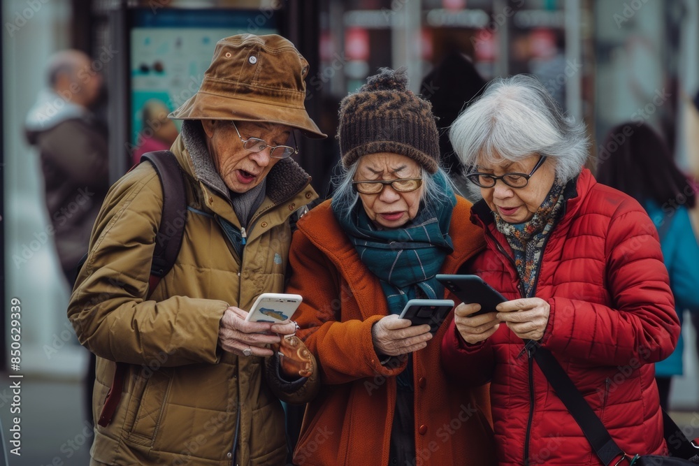 Group of senior people using smart phones in the city. Elderly people using mobile phone. Group of senior people using smart phones in the city. Elderly people using mobile phone.