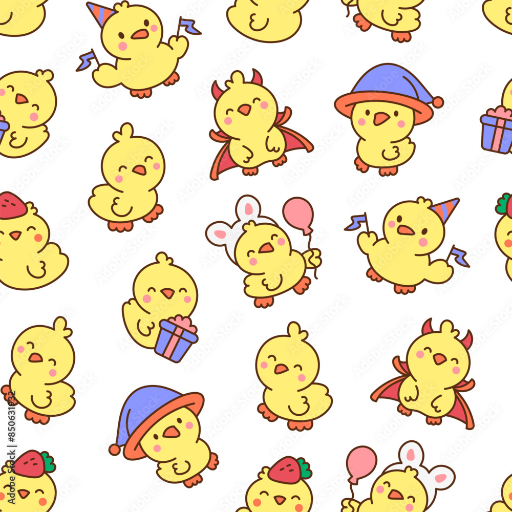 Cute kawaii little chick. Seamless pattern. Cartoon baby farm birds characters. Hand drawn style. Vector drawing. Design ornaments. Cute kawaii little chick. Seamless pattern. Cartoon baby farm birds characters. Hand drawn style. Vector drawing. Design ornaments.