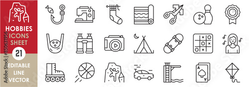 A set of line icons related to hobbies and leisure. Rock climbing, sewing and knitting, swimming, skating, race, gambling and so on. Vector outline icons set.