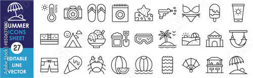 A set of line icons related to summer. Hot, season, dry, fun, swim, ice cream, shorts, camping, flowering, beach, sunglasses, enjoy and so on. Vector outline icons set.