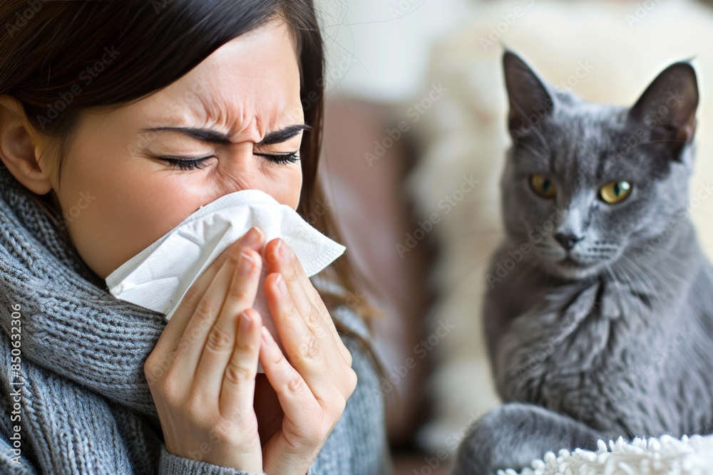 Youthful individual sneezing due to cat allergy, a prevalent symptom experienced at home Youthful individual sneezing due to cat allergy, a prevalent symptom experienced at home