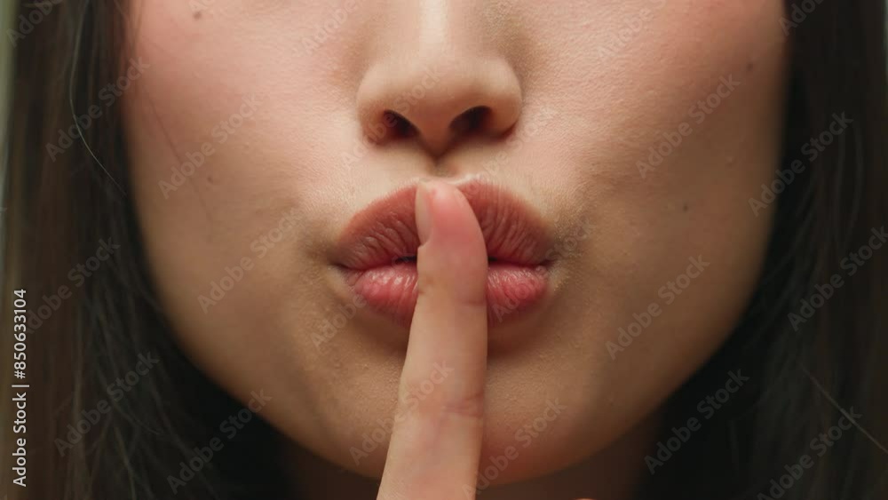 Silence gesture extreme close up female mouth Asian chinese korean japanese woman unrecognizable lady girl hush lips keep secret silent whisper quite secrecy confidential mysterious model face details