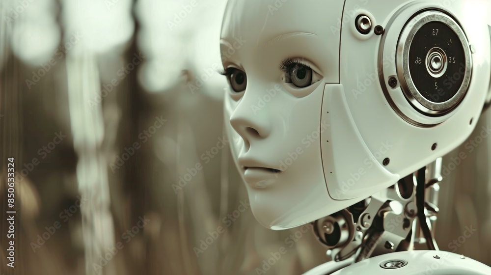 Futuristic humanoid robot with expressive eyes and intricate mechanical details in a serene outdoor setting. Futuristic humanoid robot with expressive eyes and intricate mechanical details in a serene outdoor setting.