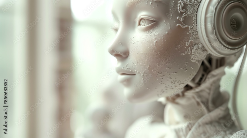 Futuristic humanoid robot with detailed facial features and headphones, representing advanced AI and robotics. Futuristic humanoid robot with detailed facial features and headphones, representing advanced AI and robotics.
