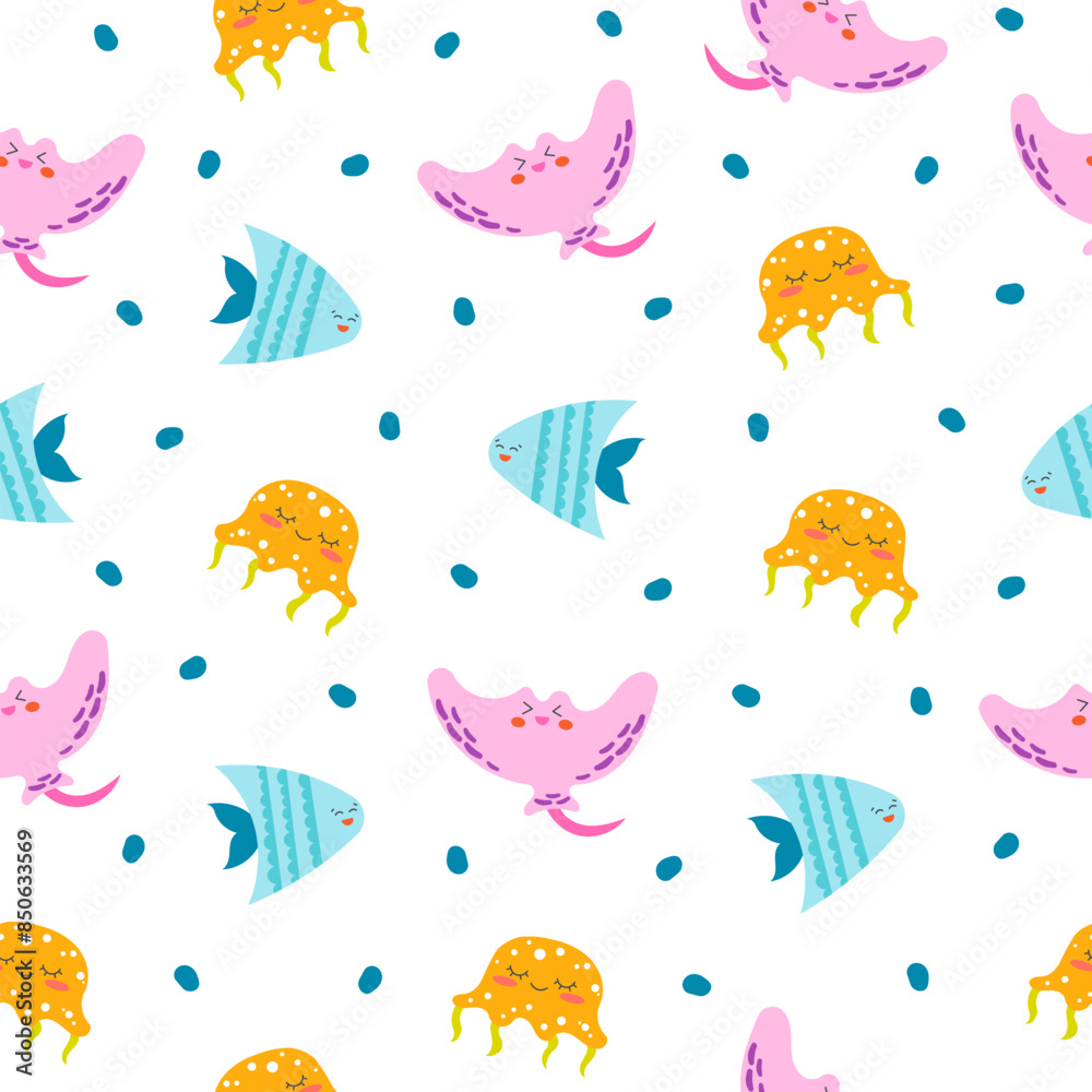 Cartoon aquatic animals. Seamless pattern. Fish characters underwater world. Marine life. Vector drawing. Design ornaments. Cartoon aquatic animals. Seamless pattern. Fish characters underwater world. Marine life. Vector drawing. Design ornaments.