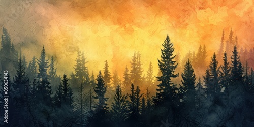 illustration of a pine forest with a beautiful evening sky