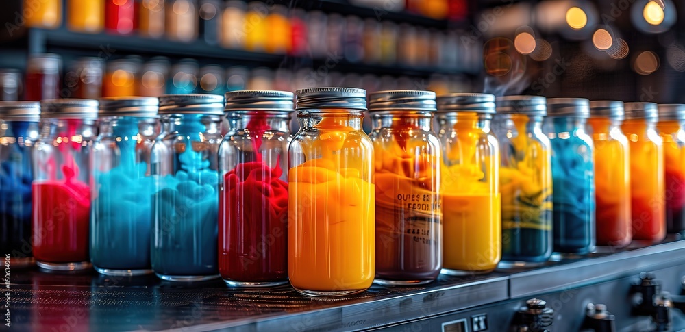 Collection of colorful bottles with blur effect background Collection of colorful bottles with blur effect background