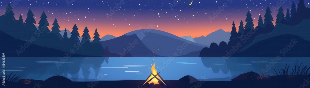 Fototapeta premium bonfire by tent flat design front view starry night animation colored pastel