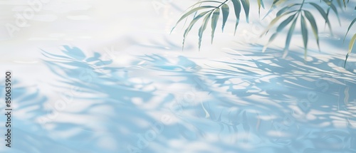 Elegant minimalist background concept featuring close-up water surface with gentle ripples and subtle blurred palm leaf shadows on the beach, evoking a peaceful, natural and pure atmosphere.
