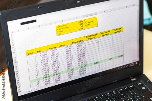 Shot of an excel sheet on computer screen showing bank loan amortization table. Accounting