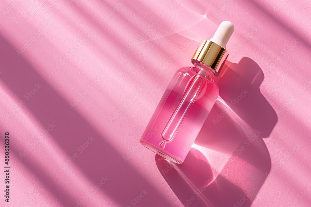 Natural oil cosmetics. Dropper glass Bottle Mock-Up. Oily cosmetic pipette. Face, body treatment. Spa concept. Mineral organic pink liquid. Top view. Beauty product. Blank packaging gel, white table Natural oil cosmetics. Dropper glass Bottle Mock-Up. Oily cosmetic pipette. Face, body treatment. Spa concept. Mineral organic pink liquid. Top view. Beauty product. Blank packaging gel, white table