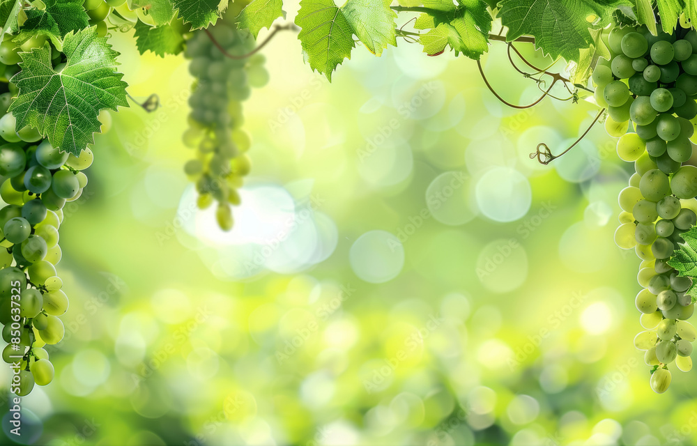 Fototapeta premium Green grapes hanging on vine in sunny vineyard