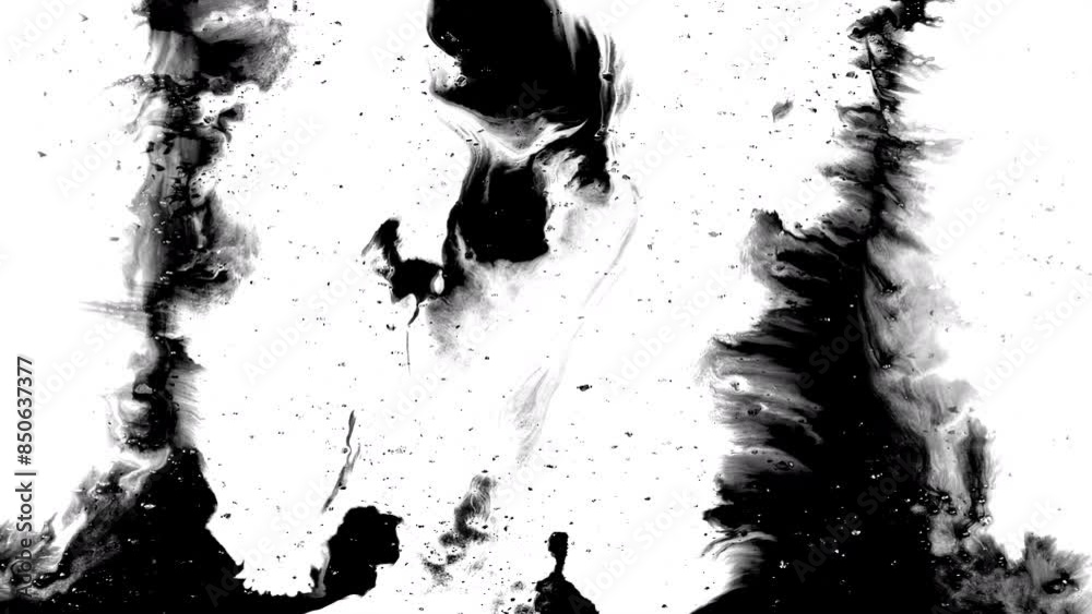 Black ink artistic flow splatter spots spills white paper beautiful reveal dripping streaks spread fluid ink alpha matte isolated watercolor ink drops transition	
