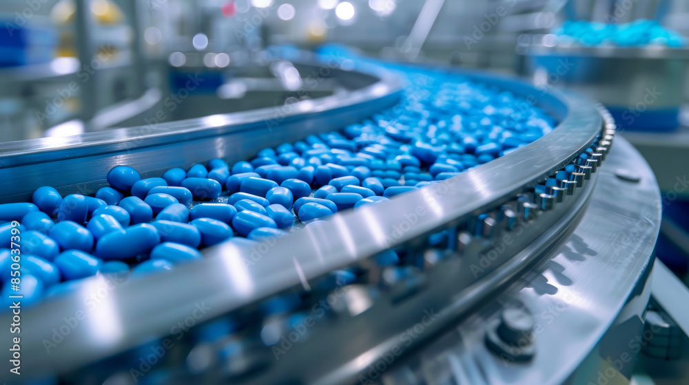 Blue capsules roll along a conveyor belt at a modern drug factory. This is a snapshot of the process of making pills and capsules. A close-up of the production line for medications. Blue capsules roll along a conveyor belt at a modern drug factory. This is a snapshot of the process of making pills and capsules. A close-up of the production line for medications.