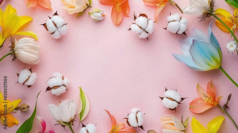 A playful spring frame mockup with cotton bolls arranged among colorful spring flowers on a light pink background, perfect for a cheerful home decor theme. A playful spring frame mockup with cotton bolls arranged among colorful spring flowers on a light pink background, perfect for a cheerful home decor theme.
