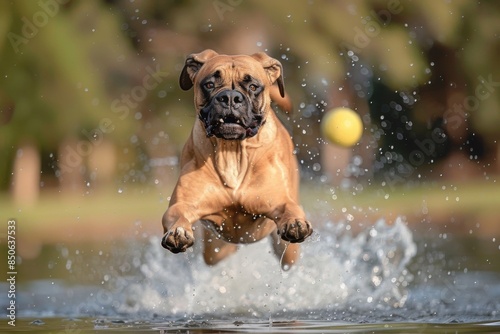 A dog is excitedly leaping in the water to catch a ball in the air