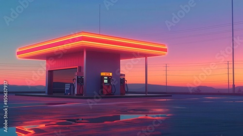 retro gas station at dusk flat design front view road journey 3D render Complementary Color Scheme © SITTAKAN