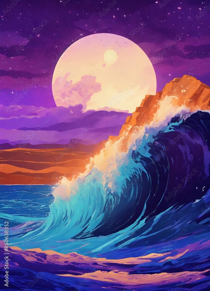 Fototapeta premium The image is a beautiful landscape painting. The sky is a deep blue color, and the moon is a bright yellow. The ocean is a deep blue color, and the waves are crashing against the shore. The land is a 